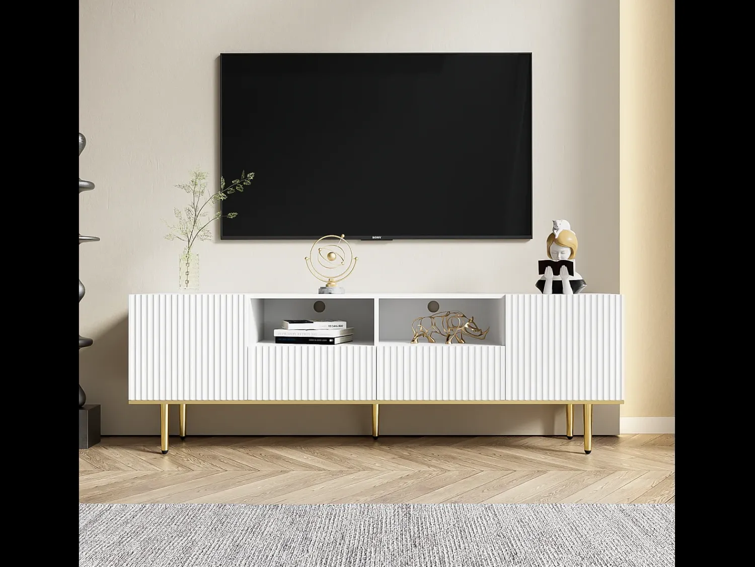 Móvel de TV moderno com pés e detalhes dourados, amplo espaço de armazenamento para sala de estar, .^ Móvel De Tv