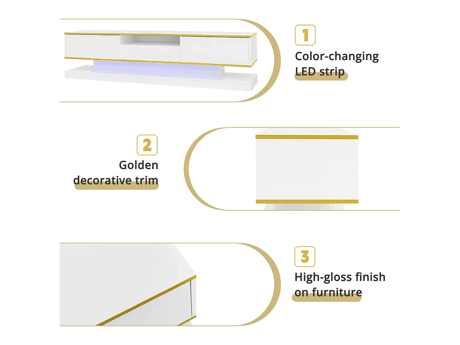 Online Móvel de TV moderno de 180 x 38 x 45 cm, com três gavetas e um compartimento aberto, com iluminação LED, . Branco