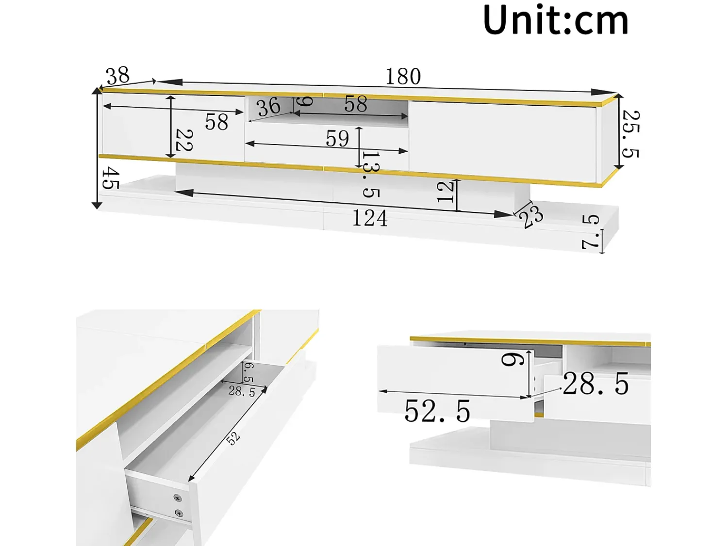 Online Móvel de TV moderno de 180 x 38 x 45 cm, com três gavetas e um compartimento aberto, com iluminação LED, . Branco