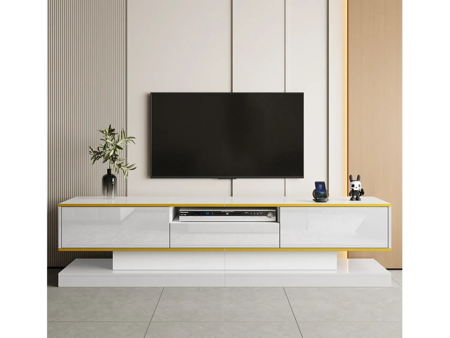 Online Móvel de TV moderno de 180 x 38 x 45 cm, com três gavetas e um compartimento aberto, com iluminação LED, . Branco