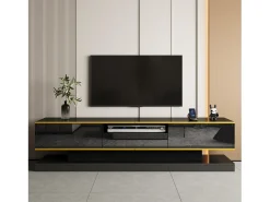 Móvel De Tv| Móvel de TV moderno de 180 x 38 x 45 cm, com três gavetas e um compartimento aberto, com iluminação LED, . Preto