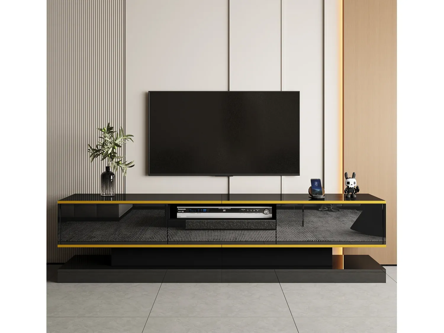 Móvel De Tv| Móvel de TV moderno de 180 x 38 x 45 cm, com três gavetas e um compartimento aberto, com iluminação LED, . Preto