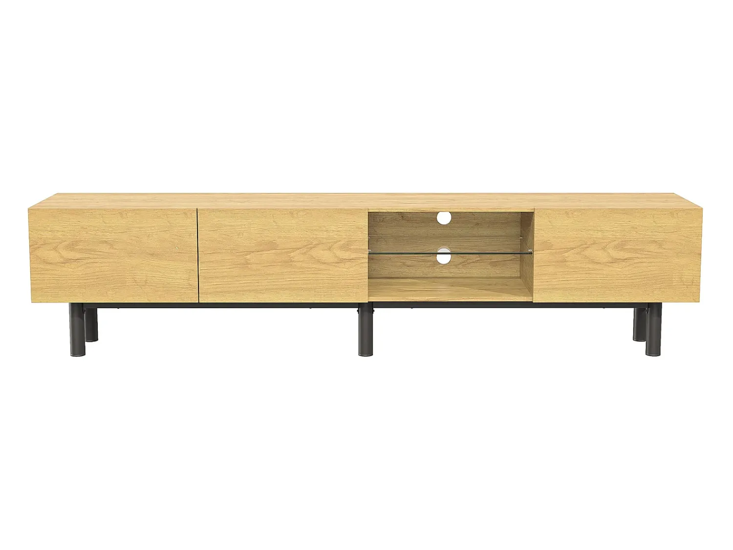 Móvel De Tv| Móvel de TV moderno de 175x31x41 cm com iluminação LED, em madeira com portas e compartimento, nas cores preto e madeira. Natural claro