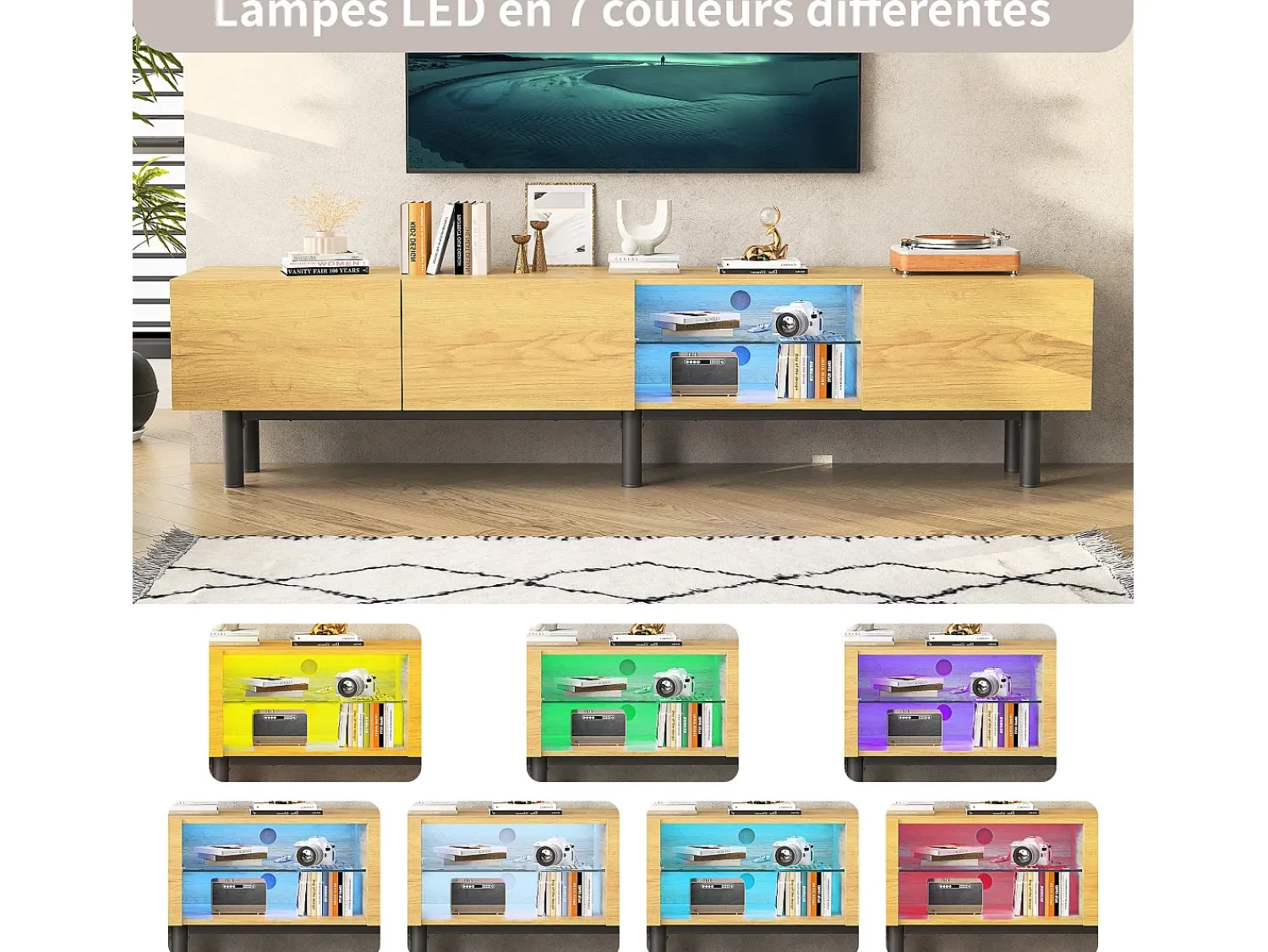 Móvel De Tv| Móvel de TV moderno de 175x31x41 cm com iluminação LED, em madeira com portas e compartimento, nas cores preto e madeira. Natural claro