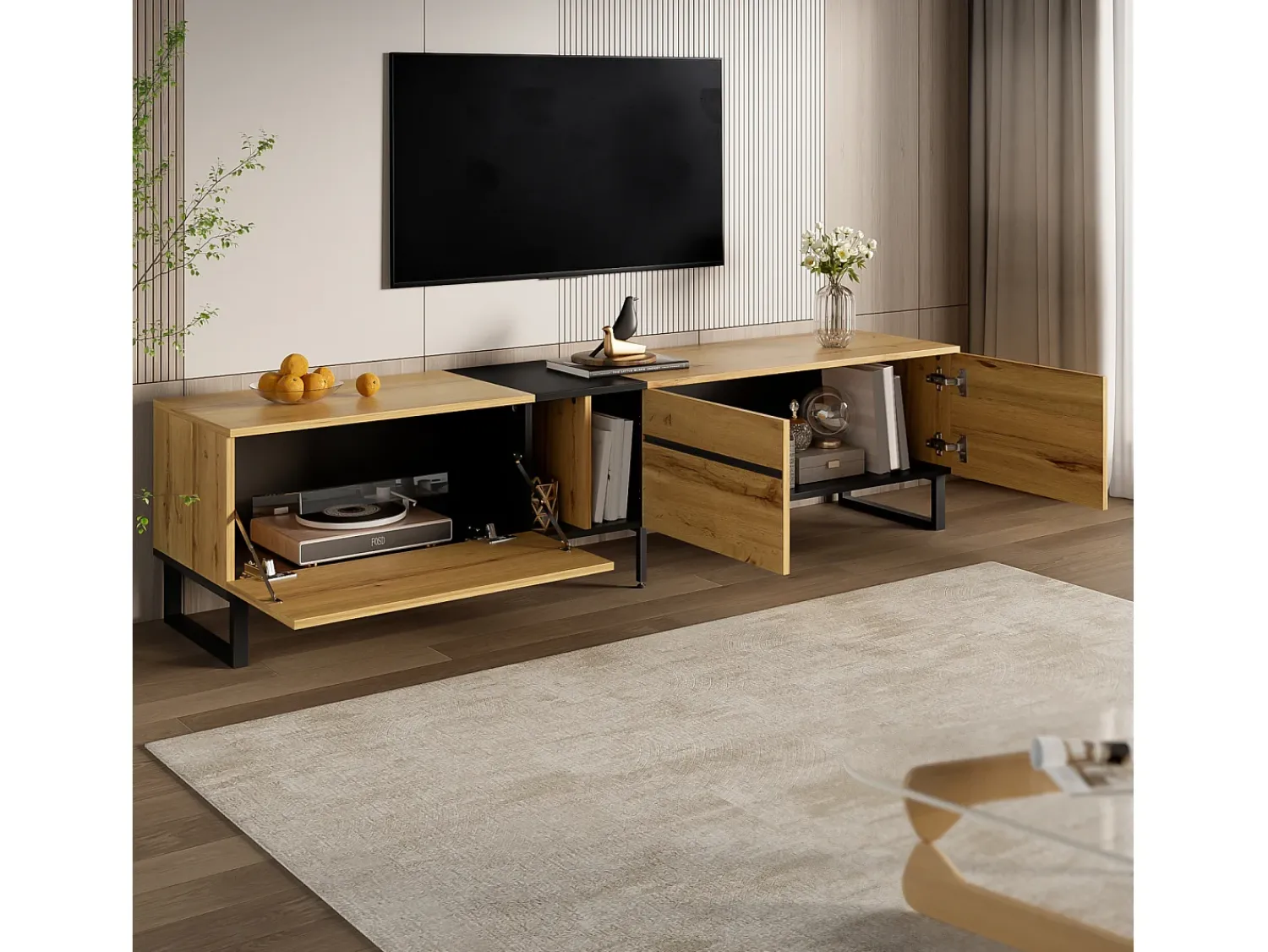 Móvel de TV moderno e baixo de 180 cm com compartimento rebatível, compartimentos abertos e portas duplas.^ Móvel De Tv
