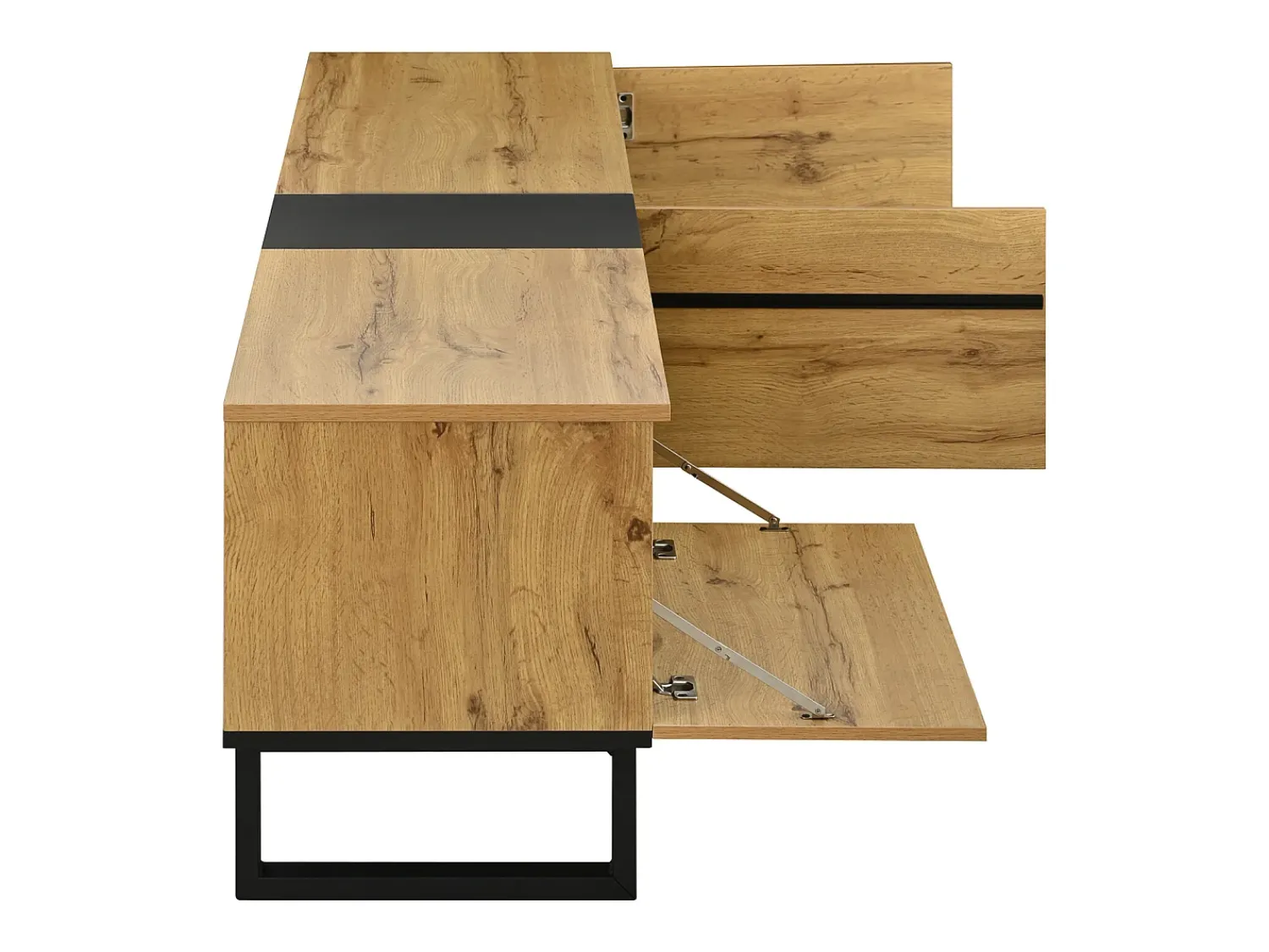 Móvel de TV moderno e baixo de 180 cm com compartimento rebatível, compartimentos abertos e portas duplas.^ Móvel De Tv