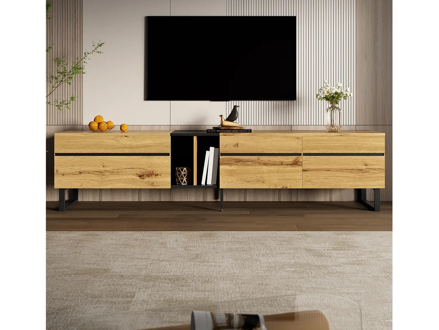 Móvel de TV moderno e baixo de 180 cm com compartimento rebatível, compartimentos abertos e portas duplas.^ Móvel De Tv
