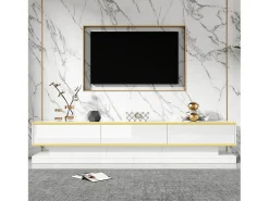 Móvel de TV moderno e baixo com 3 gavetas e compartimentos abertos – Superfície brilhante – Bordas douradas^ Móvel De Tv