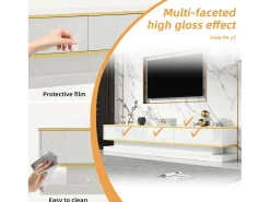 Móvel De Tv| Móvel de TV moderno e baixo com 3 gavetas e compartimentos abertos – Superfície brilhante – Bordas douradas Branco