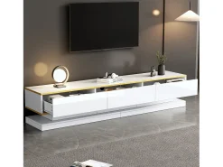 Móvel De Tv| Móvel de TV moderno e baixo com 3 gavetas e compartimentos abertos – Superfície brilhante – Bordas douradas Branco