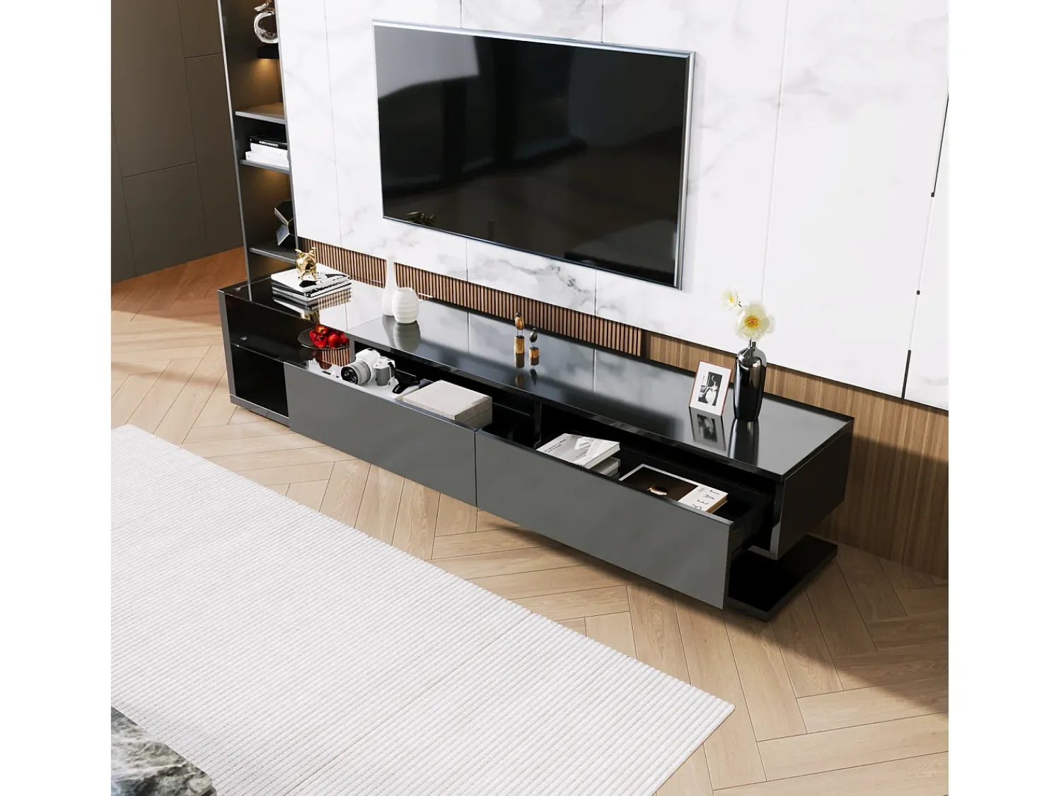 Sale Móvel de TV moderno e brilhante 170x38x36cm, divisórias em vidro e iluminação LED variável, estilo natural e rústico, Preto