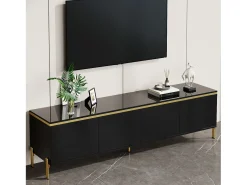 Móvel De Tv|Merax Móvel de TV moderno e brilhante - 170 x 38 x 50 cm - com 4 portas e bordas douradas - aglomerado - Preto