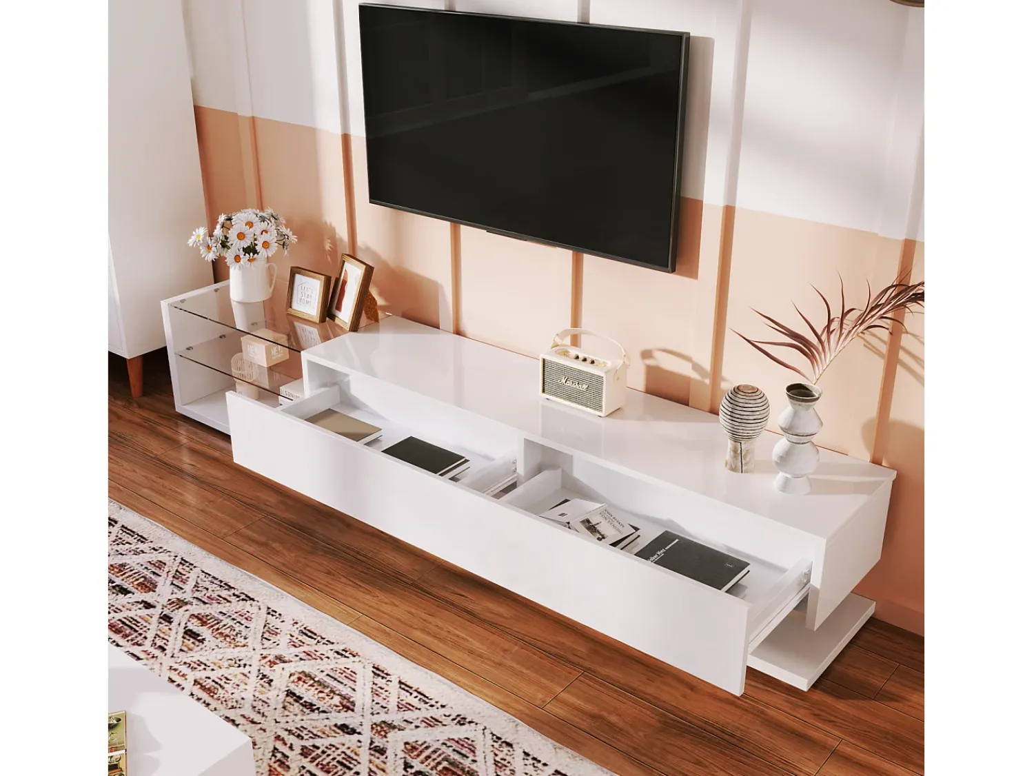 Móvel de TV moderno e brilhante 170x38x36cm, divisórias em vidro e iluminação LED variável, estilo natural e rústico,^ Móvel De Tv