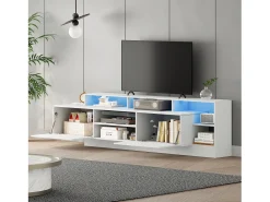 Clearance Merax Móvel de TV moderno e brilhante - 190 x 40 x 48,5 cm - com espaço de armazenamento aberto + LEDs + 2 portas - em aglomerado - Branco