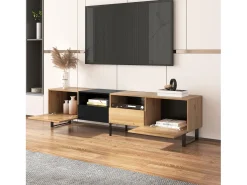 Móvel De Tv* Móvel de TV moderno em madeira maciça com design e madeira, móvel de TV com 2 portas e 2 gavetas Preto