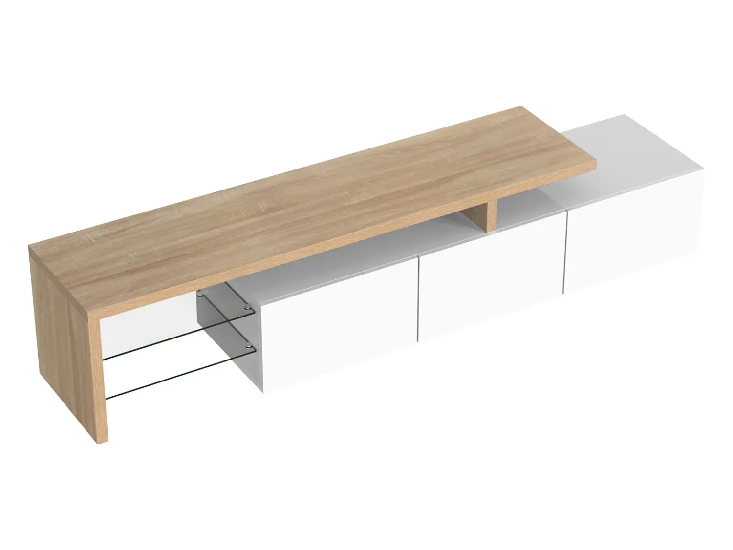 Móvel De Tv| Móvel de TV moderno em madeira e laca branca – iluminação LED, prateleiras de vidro, com espaço de armazenamento, 197 x 39 x 42 cm Branco