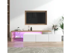 Móvel De Tv| Móvel de TV moderno em madeira e laca branca – iluminação LED, prateleiras de vidro, com espaço de armazenamento, 197 x 39 x 42 cm Branco