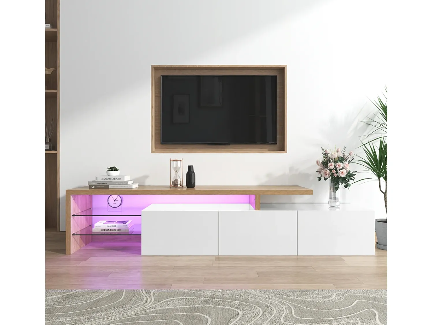 Móvel De Tv| Móvel de TV moderno em madeira e laca branca – iluminação LED, prateleiras de vidro, com espaço de armazenamento, 197 x 39 x 42 cm Branco