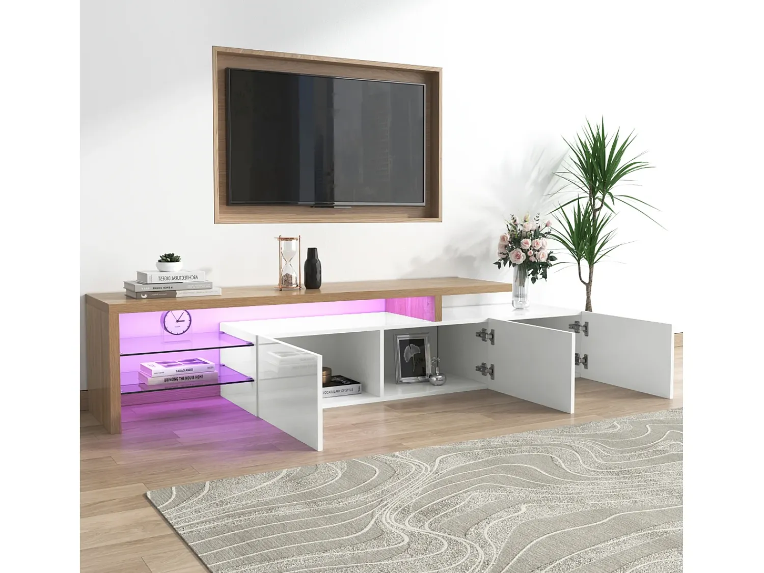 Móvel De Tv| Móvel de TV moderno em madeira e laca branca – iluminação LED, prateleiras de vidro, com espaço de armazenamento, 197 x 39 x 42 cm Branco