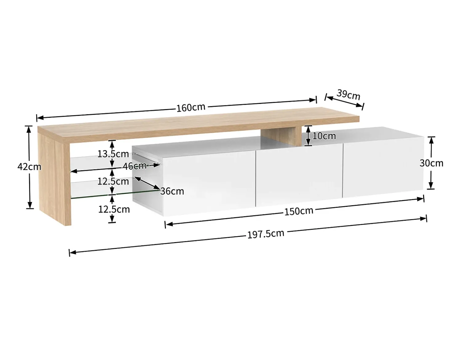 Móvel De Tv| Móvel de TV moderno em madeira e laca branca – iluminação LED, prateleiras de vidro, com espaço de armazenamento, 197 x 39 x 42 cm Branco