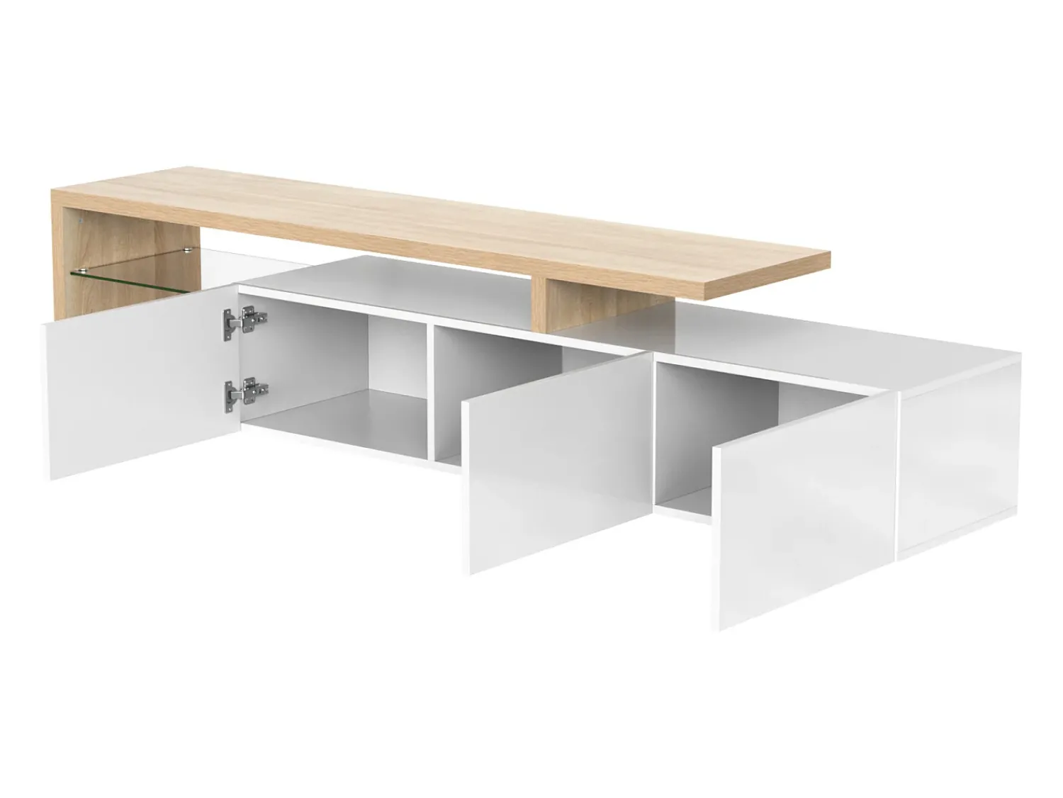 Móvel De Tv| Móvel de TV moderno em madeira e laca branca – iluminação LED, prateleiras de vidro, com espaço de armazenamento, 197 x 39 x 42 cm Branco