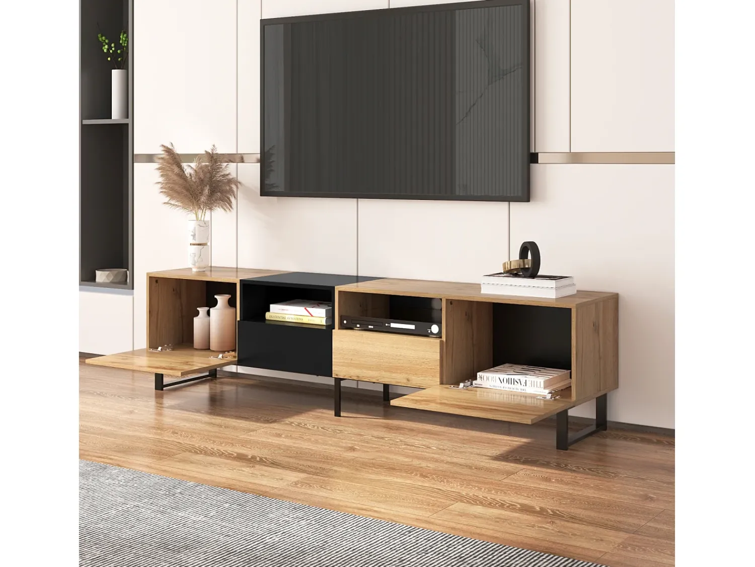 Móvel De Tv| Móvel de TV moderno em madeira maciça com design em e madeira, com 2 portas e 2 gavetas. Preto