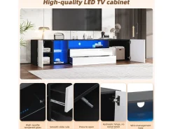 Móvel De Tv* Móvel de TV moderno em e branco com iluminação LED, 2 gavetas + 2 portas, 180 x 40 x 45 cm Preto
