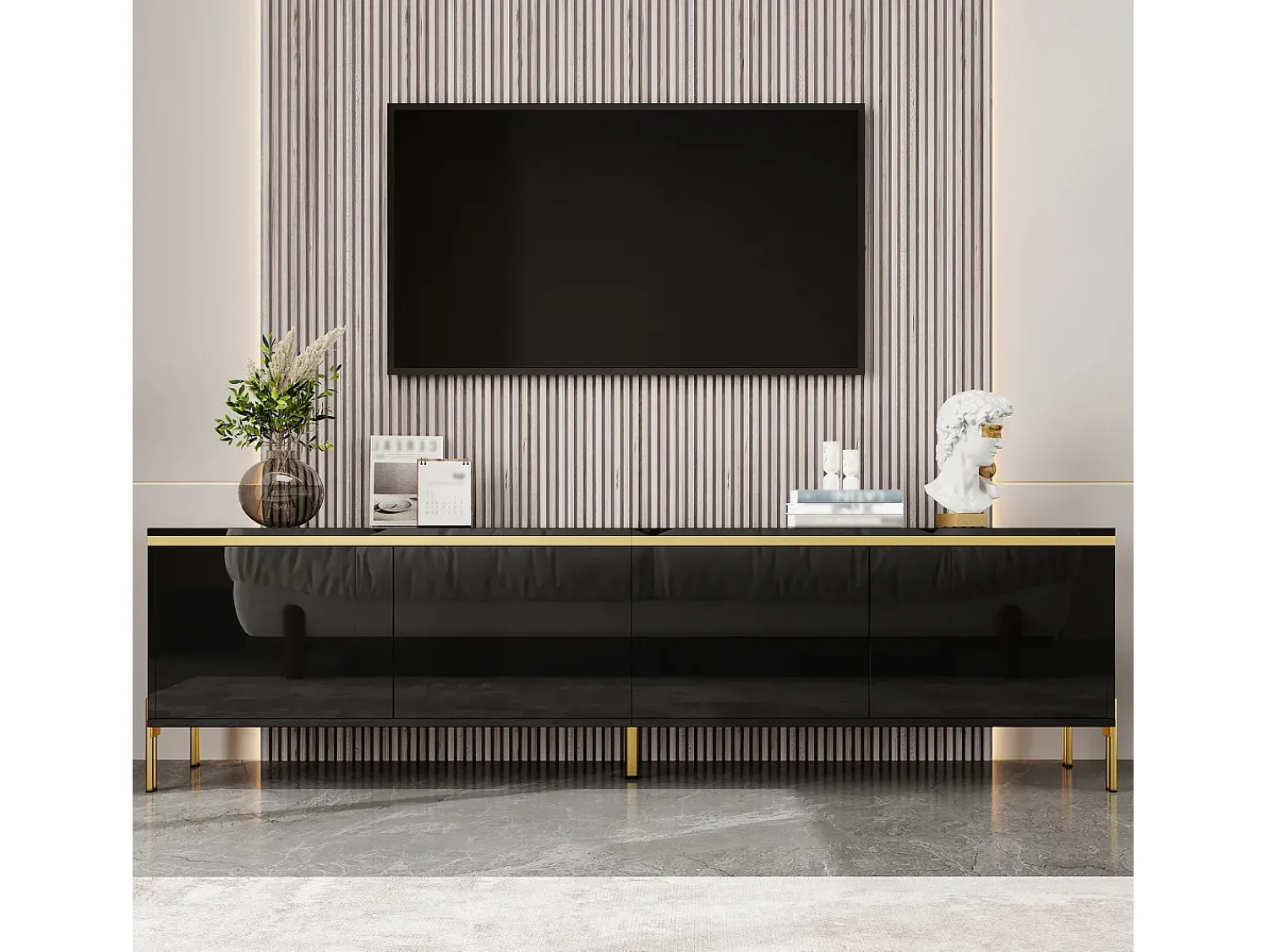 Móvel De Tv*ModernLuxe Móvel de TV moderno envernizado brilhante - 170x38x50 cm - 4 portas - Acabamentos dourados - Pés de metal - Preto