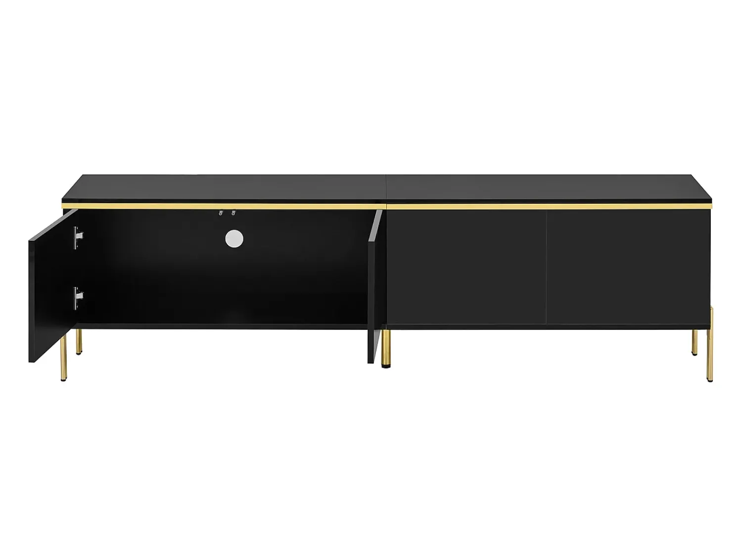 Móvel De Tv*ModernLuxe Móvel de TV moderno envernizado brilhante - 170x38x50 cm - 4 portas - Acabamentos dourados - Pés de metal - Preto
