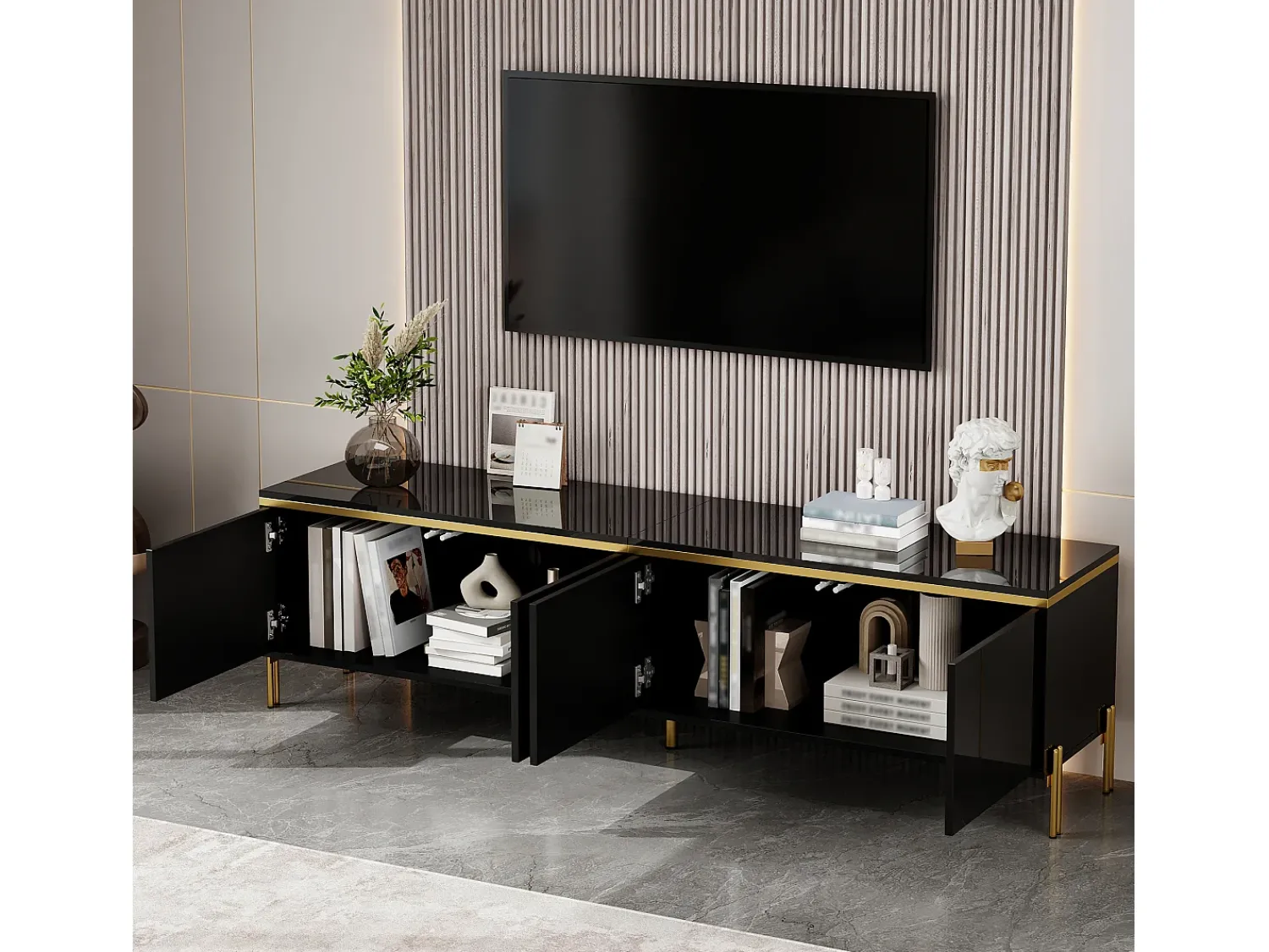 Móvel De Tv*ModernLuxe Móvel de TV moderno envernizado brilhante - 170x38x50 cm - 4 portas - Acabamentos dourados - Pés de metal - Preto