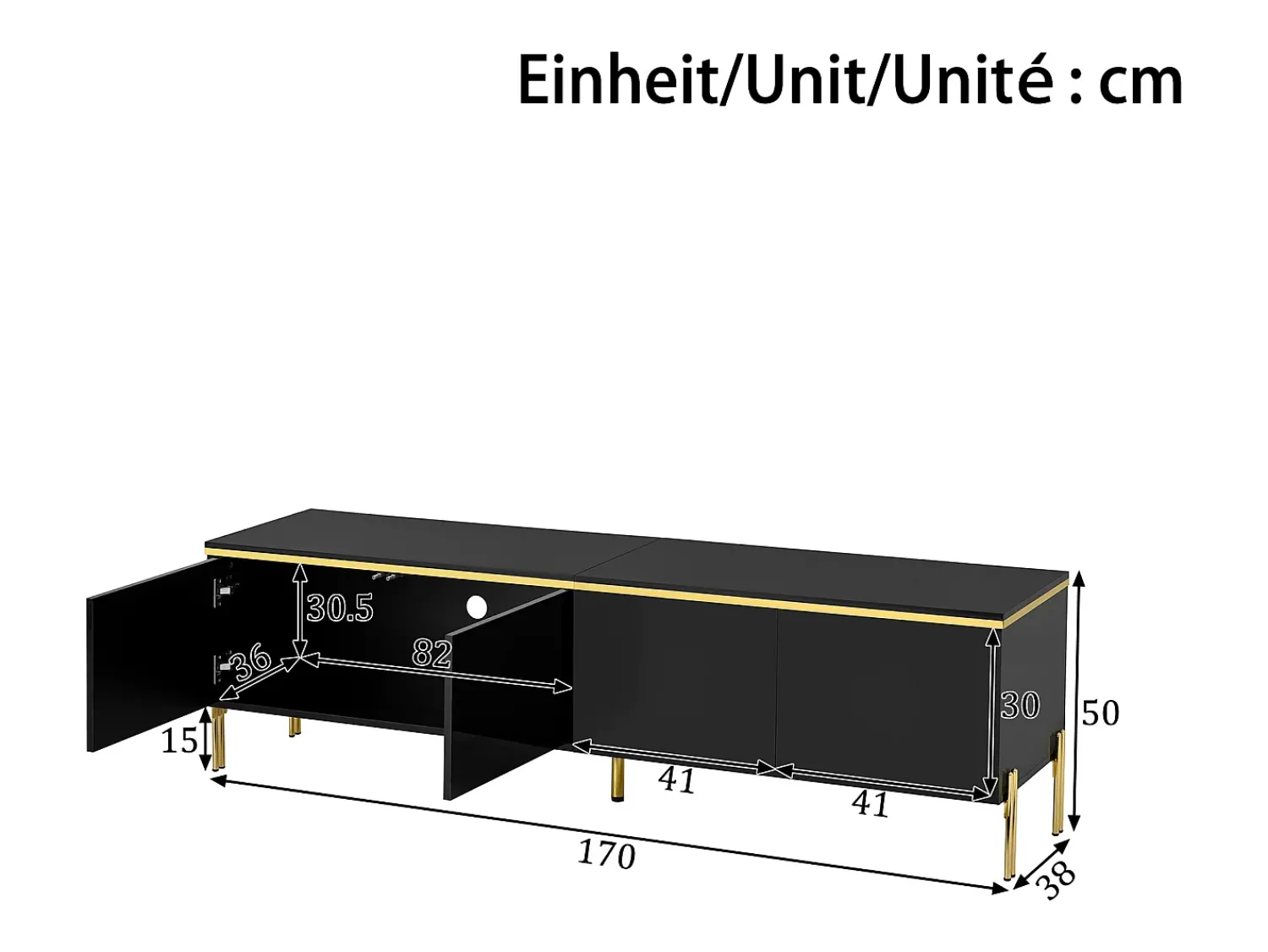 Móvel De Tv*ModernLuxe Móvel de TV moderno envernizado brilhante - 170x38x50 cm - 4 portas - Acabamentos dourados - Pés de metal - Preto