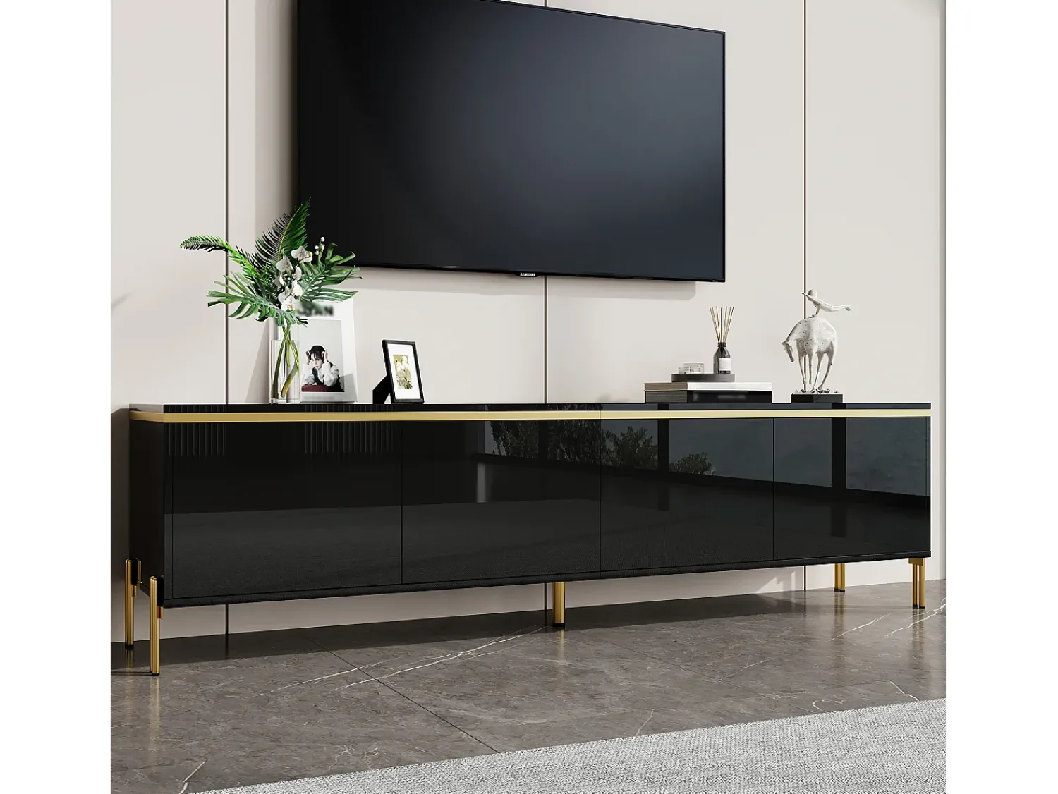 Móvel De Tv*ModernLuxe Móvel de TV moderno envernizado brilhante - 170x38x50 cm - 4 portas - Acabamentos dourados - Pés de metal - Preto