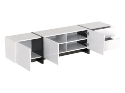 Móvel de TV moderno, Móvel com 2 gavetas e 3 portas, Móvel multifuncional com prateleiras, Branco