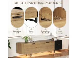 Merax Móvel de TV moderno para sala de estar - 180 x 38 x 49 cm - com gavetas + portas + espaço de armazenamento fechado + LEDs - madeira - preto + natural^ Móvel De Tv