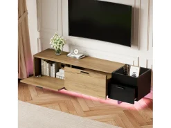Merax Móvel de TV moderno para sala de estar - 180 x 38 x 49 cm - com gavetas + portas + espaço de armazenamento fechado + LEDs - madeira - preto + natural^ Móvel De Tv