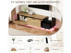 Merax Móvel de TV moderno para sala de estar - 180 x 38 x 49 cm - com gavetas + portas + espaço de armazenamento fechado + LEDs - madeira - preto + natural^ Móvel De Tv