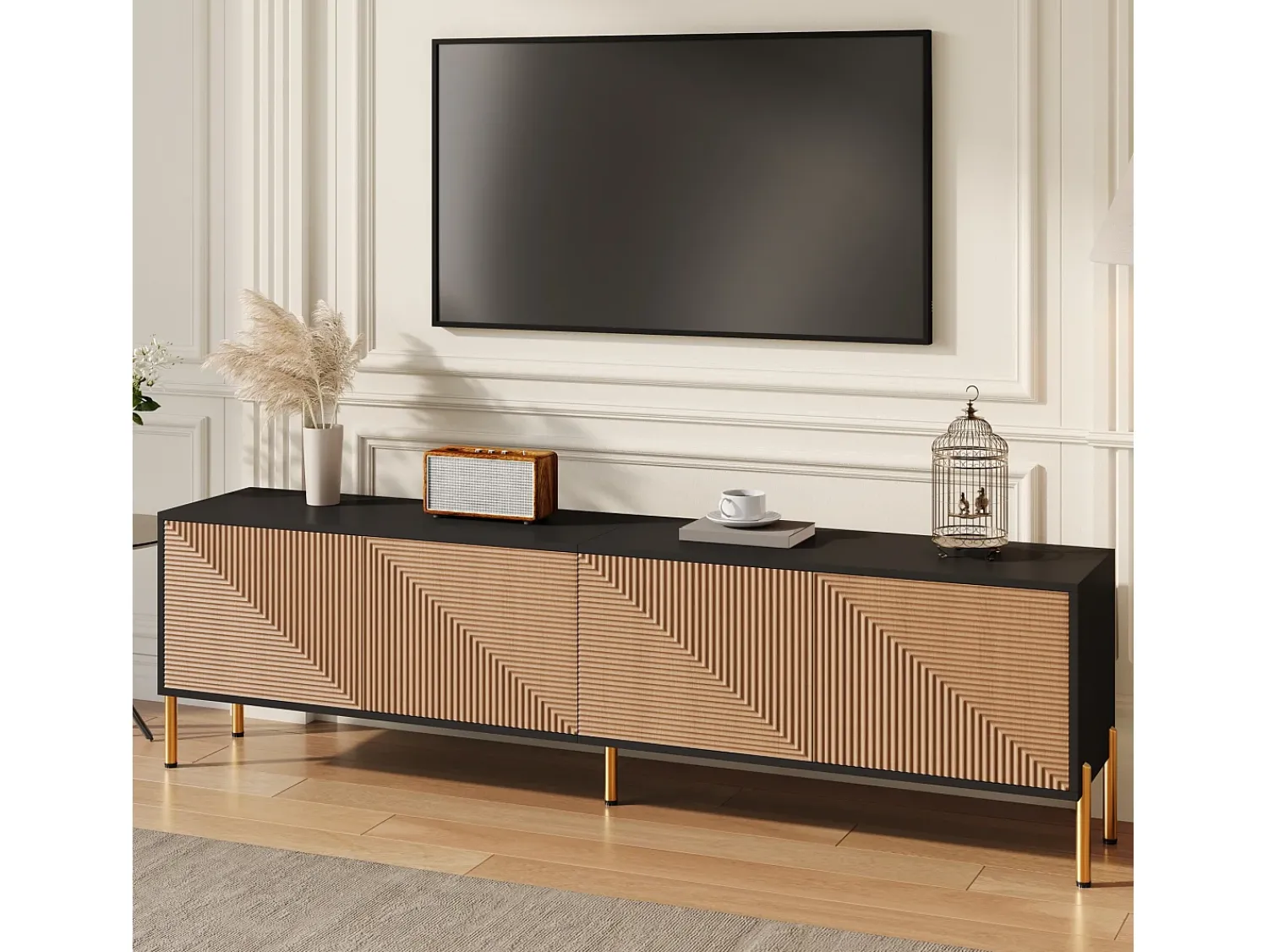 Móvel De Tv*ModernLuxe Móvel de TV moderno 179x35x53,5 cm - 4 portas - Pés de metal - Design sem puxadores - Painéis de partículas - Natural e preto Natural claro