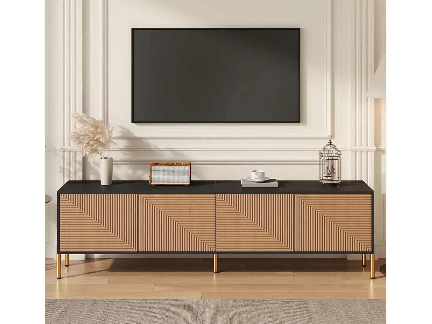 Móvel De Tv*ModernLuxe Móvel de TV moderno 179x35x53,5 cm - 4 portas - Pés de metal - Design sem puxadores - Painéis de partículas - Natural e preto Natural claro