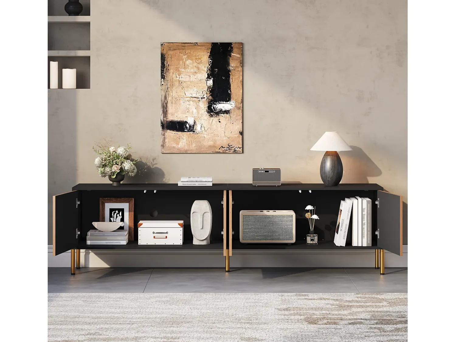 Móvel De Tv*ModernLuxe Móvel de TV moderno 179x35x53,5 cm - 4 portas - Pés de metal - Design sem puxadores - Painéis de partículas - Natural e preto Natural claro