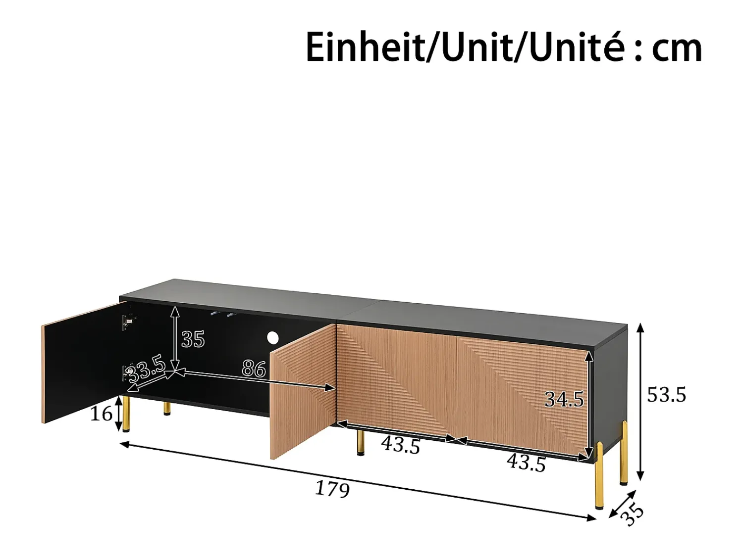 Móvel De Tv*ModernLuxe Móvel de TV moderno 179x35x53,5 cm - 4 portas - Pés de metal - Design sem puxadores - Painéis de partículas - Natural e preto Natural claro