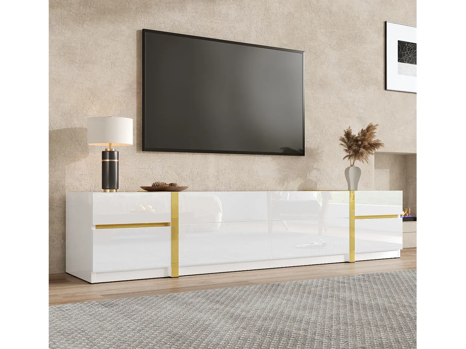 ModernLuxe Móvel de TV moderno 180x40x38 cm - Acabamento brilhante - 4 gavetas e 2 portas - bordas douradas - MDF -^ Móvel De Tv
