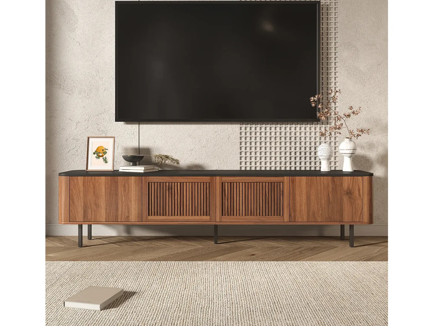 Móvel De Tv|ModernLuxe Móvel de TV moderno 190x35x45 cm - 4 portas de persiana - cantos arredondados - pés de ferro - MDF - marrom Castanho