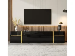 Móvel De Tv|ModernLuxe Móvel de TV moderno 180x40x38 cm - Acabamento brilhante - 4 gavetas e 2 portas - bordas douradas - MDF - Preto