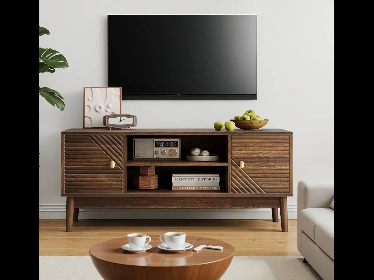 Móvel de TV moderno 110x40x48 cm - com espaço de armazenamento, para sala de estar, quarto, nogueira^ Móvel De Tv