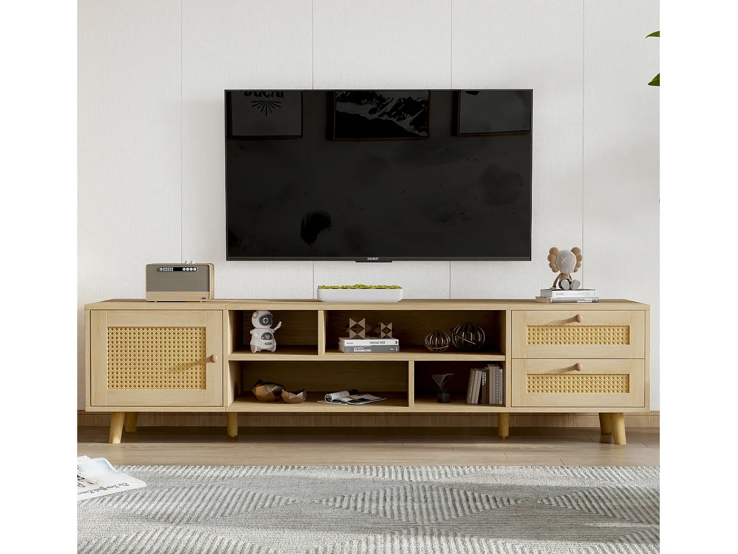 Móvel De Tv|Merax Móvel de TV, Móvel de TV de 160 cm com 2 gavetas, 1 porta e 4 compartimentos, Para TVs até 70", Carvalho Natural claro