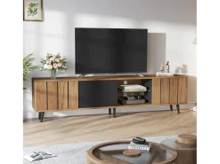 Hauss Spole Móvel de TV natural e preto com 3 portas e 1 divisória em vidro, design com textura de madeira 175x31,5x45cm^ Móvel De Tv