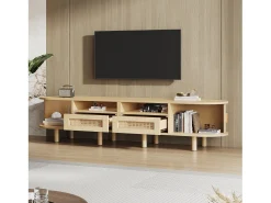 Móvel De Tv*Merax Móvel de TV oval com 2 gavetas de vime + 2 portas de correr - 170 x 40 x 40 cm - MDF + metal - natural Natural claro