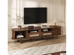 Móvel De Tv|Merax Móvel de TV oval com 2 gavetas de vime + 2 portas de correr - 170 x 40 x 40 cm - MDF + metal - Natural escuro