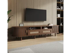 Móvel De Tv|Merax Móvel de TV oval com 2 gavetas de vime + 2 portas de correr - 170 x 40 x 40 cm - MDF + metal - Natural escuro
