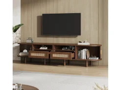 Móvel De Tv|Merax Móvel de TV oval com 2 gavetas de vime + 2 portas de correr - 170 x 40 x 40 cm - MDF + metal - Natural escuro